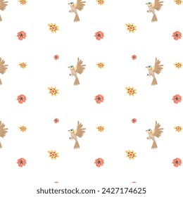 Pájaro adorable con la flor - patrón sin fisuras, minimalista. Ilustración vectorial se puede utilizar para papel pintado, póster, impresión. 