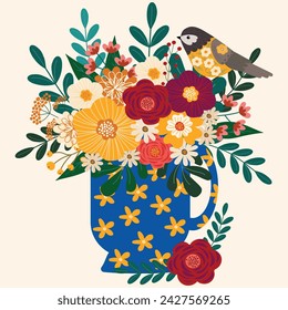 adorable bird in spring wild flowers bouquet in tea cup hand drawn clipart vector for invitation greeting birthday party celebration wedding card poster banner textile wallpaper paper wrap background