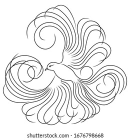 Adorable bird whose wings and tail are made as long wavy lines, black outline isolated on the white background
