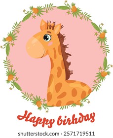 Adorable birthday card featuring a giraffe in a floral wreath on a soft pink background with the text Happy Birthday. Perfect for kids celebrations, invitations, and festive decorations, optimized 