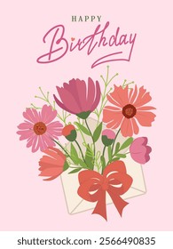 Adorable Birthday Card. Letter with floral arrangement. Bright abstract floral design template for advertising promo, banner, poster, flyer, label or cover