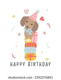 Adorable birthday dachshund illustration featuring a cute sausage dog wearing a party hat and sitting on a stack of colorful gift boxes.