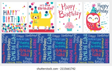 Adorable birthday icons, characters, graphics, and seamless vector pattern in trendy colors.