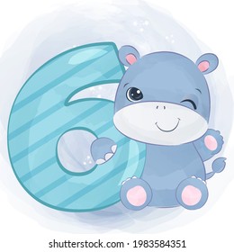 Adorable birthday number with little hippo in watercolor illustration