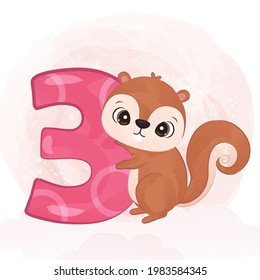 Adorable birthday number with little squirrel in watercolor illustration