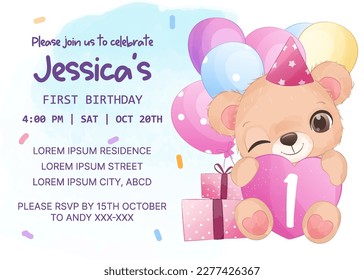 Adorable birthday party invitation template with baby bear
