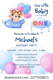 Adorable birthday party invitation template with baby bear