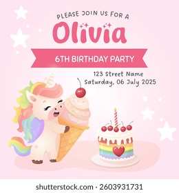Adorable birthday party invite featuring a rainbow unicorn holding an ice cream