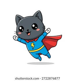 Personagem adorável gato preto vestido como um super-herói, voando pelo ar com um terno azul, raio amarelo parafuso, e fluindo capa vermelha. Perfeito para desenhos infantis, quadrinhos e temas kawaii.