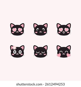 Adorable black cat emoji icon set in vector style, perfect for stickers, social media, chats, kawaii designs, and digital projects.