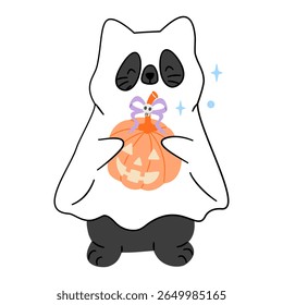 Adorable black cat ghost holding a jack-o'-lantern, isolated on white. Perfect for cute Halloween designs