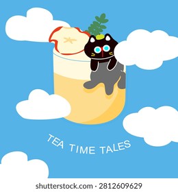 Adorable black cat hanging inside a glass of refreshing tea with an apple slice, floating among fluffy clouds. A charming “Tea time tales” illustration for cozy vibes.