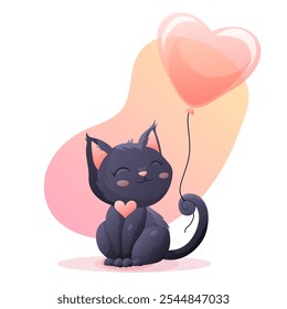 Adorable gato negro con un globo en forma de corazón, Ilustración vectorial sobre un fondo blanco, perfecto para el día de San Valentín, diseños románticos y lindos gráficos de animales.
