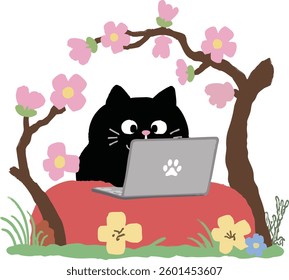  Adorable black cat illustration using a laptop under a blooming tree, a perfect design for digital lifestyle, notes, tech-themed stationery, or greeting cards.
