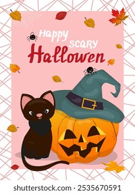 Adorável gato preto e convite jack-o-lantern. Festa de Halloween, modelo flyer com fantasma bonito, lanterna, abóboras. Ilustração vetorial em estilo plano.