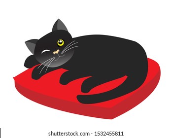 Adorable black cat open one beautiful eyes while sleeping happily on warm red pillow. Isolated on white background. Vector Illustration.