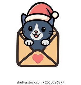Adorable black cat in a Santa hat peeking out of a Christmas envelope. Festive pastel sticker illustration for cards, gifts, planners, or winter decorations.