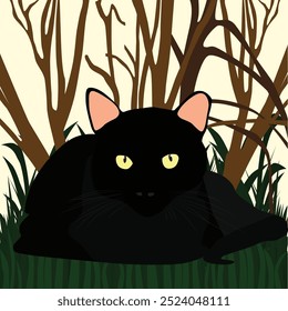 Adorável gato preto sentado na grama