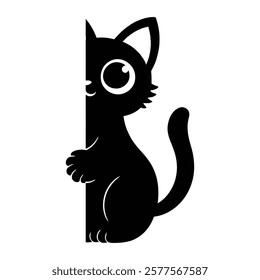 Adorable black cat silhouette peeking from behind a wall with big, cute eyes. Perfect for pet-themed designs, stickers, decals, logos, and vector illustrations. Ideal for playful and creative projects