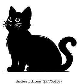 Adorable black cat silhouette sitting with a fluffy tail and curious eyes. Perfect for pet-themed designs, logos, decorations, and vector illustrations. Ideal for creative and artistic projects.