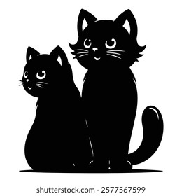 Adorable black cat silhouettes of two fluffy kittens sitting together with expressive eyes. Perfect for pet-themed designs, vector illustrations, logos, and creative projects. Ideal for animal lovers.