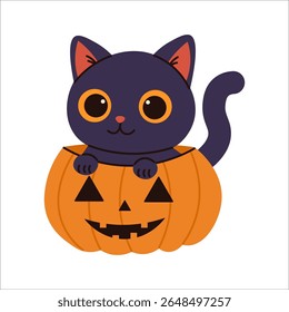 Adorable black cat sitting inside a carved Halloween pumpkin, perfect for seasonal illustrations, party designs, greeting cards, and cute spooky-themed decorations.