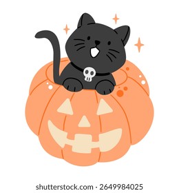 Adorable black cat with a skull collar peeking from a jack-o'-lantern, isolated on white. Perfect for Halloween designs