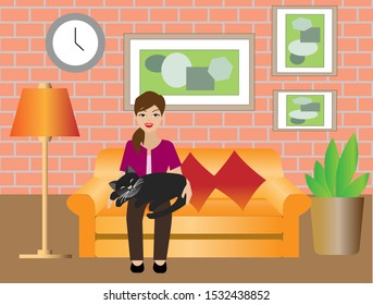 Adorable black cat sleeping happily on young beautiful woman's lap on sofa in living room. Vector Illustration. Idea for member of family and adoption pet.