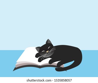 Adorable black cat sleeping happily on opened book. Isolated on light blue background. Vector Illustration.