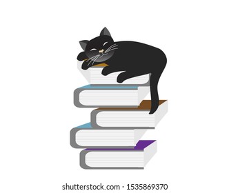 Adorable black cat sleeping happily on stack of books. Isolated on white background. Vector Illustration.