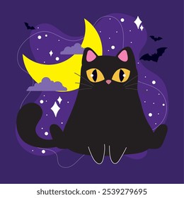 Adorable black cat under crescent moon with yellow eyes, bats, and stars, Vector illustration