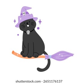 Adorable black cat witch with skull hat and collar, flying on a broom. Perfect for cute Halloween designs