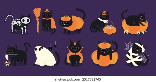 Adorable black cats dressed in various Halloween costumes, surrounded by pumpkins and spooky decorations on a purple background.