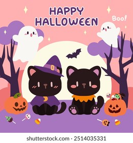 Gatos negros adorables con fantasmas. Ilustración de Halloween Kawaii. Gatos negros lindos en traje de bruja. Noche de Halloween. Feliz Halloween con gatos negros, calabazas y fantasmas. 