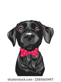 Adorable black dog close-up with a red polka dot bow tie, charming and playful pet illustration.