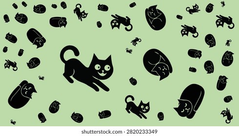 Adorable black and gray cats with fun shapes and paw prints on soft pastel green for animal care pet products and veterinary clinic visuals
