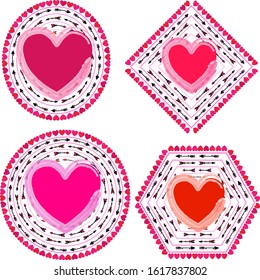 Adorable black hand drawn arrows and colorful heart brushes valentine blank sticker frames in geometric shapes. Ideal for wedding tags and labels.