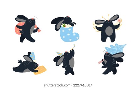Adorable black rabbit collection on white background. New Year 2023 cute cartoon Chinese symbol. Collection of bunny character