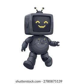 Adorable black robot character with a retro TV screen head, yellow digital smile, and antennae, walking cheerfully on a white background