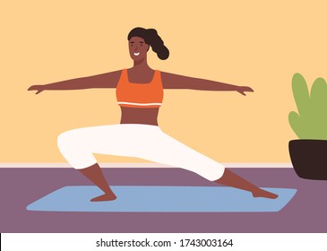 Adorable black skin woman practicing fitness on mat vector flat illustration. Athletic yoga girl demonstrate sports exercise at gym or home interior. Smiling sportswoman enjoying healthy lifestyle