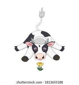 Adorable black spotted little ox with a flower made in Cartoon style, vector illustration on white isolated background for prints and patterns, emblems and icons in Dairy or Children’s goods fields.