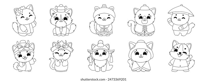 Adorables gatos de dibujos animados en blanco y negro vestidos con trajes tradicionales, perfectos para colorear y actividades infantiles.