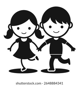An adorable black and white cartoon illustration of a boy and a girl, both smiling and holding hands, depicting friendship, childhood, and happiness. Simple and charming vector art.