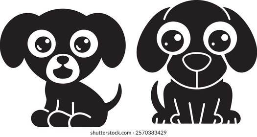 Adorable black and white cartoon vector illustration of two sitting puppies with large expressive eyes.