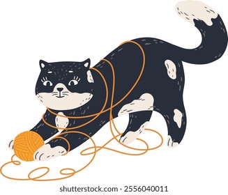 Adorable black and white cat playfully engaging with a ball of vibrant orange yarn, getting delightfully tangled in the soft string while enjoying a moment of pure amusement