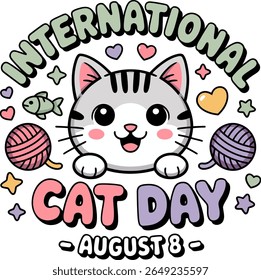 Adorable black and white cat with yarn balls and hearts for august 8 international cat day fun vector concept