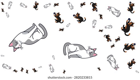 Adorable black and white cats sleeping and playing with toys in a bright indoor environment, lively and colorful scene capturing pet relaxation and activity moments