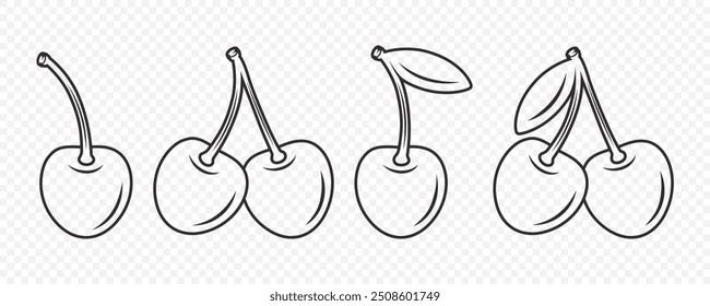 Adorable Black and White Cherry Icon Set. Cute Outline Cherries for Valentine's Day, Love, Romance Concept. Coloring Page Style Design Template for Cards, Decorations, Gifts. Cherry Clipart