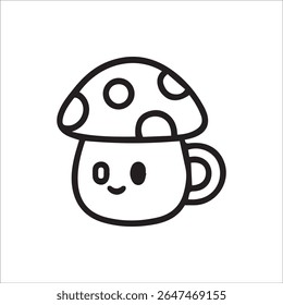 An adorable black and white doodle of a friendly mushroom acting as a cup, perfect for whimsical designs, children's art, or cozy beverage themes.