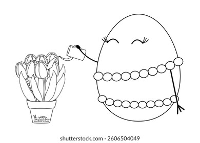 Adorable black and white Easter egg character watering tulips in a pot with - Happy Easter - text. Ideal for coloring page.